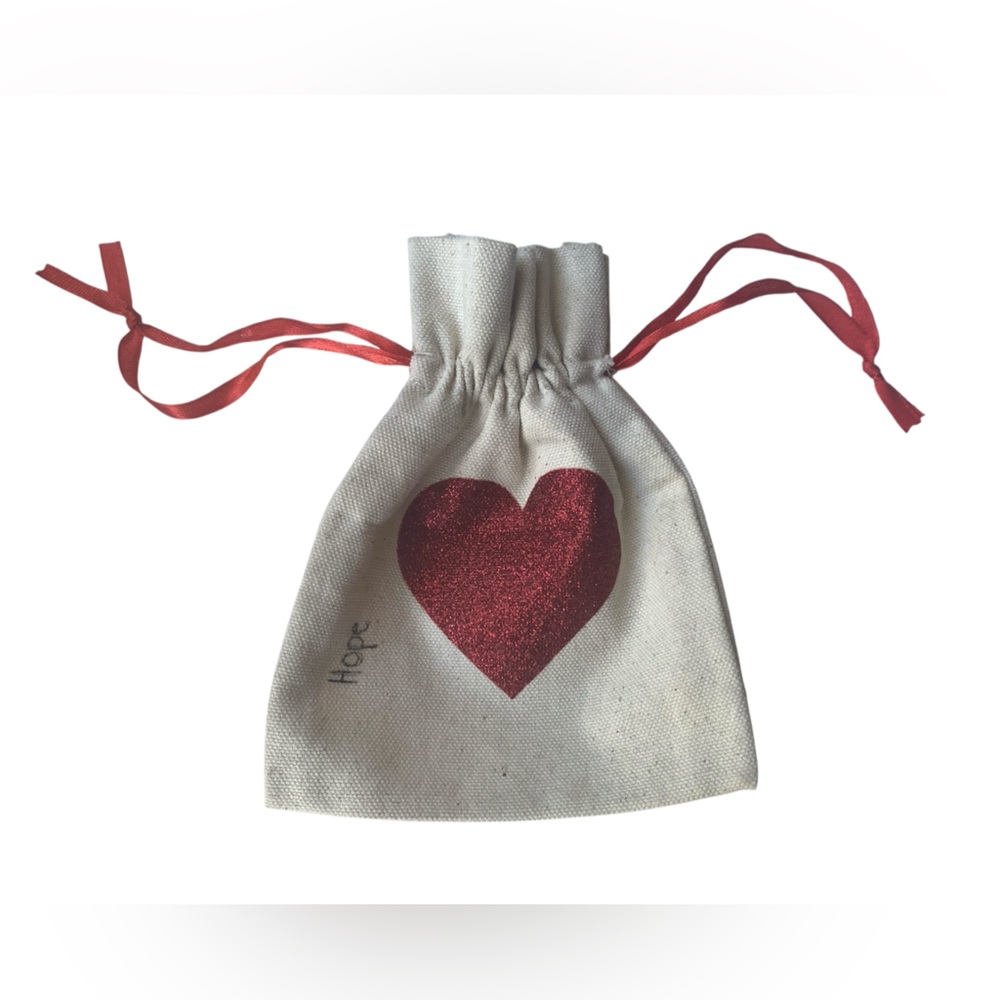 Red Sparkly Heart Canvas Draw String Gift Bag “HOPE” Graphic 4.75” X 6” Jewelry